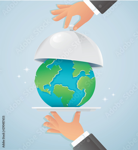 Hands holding silver cloche with earth. world food day vector illustration EPS10