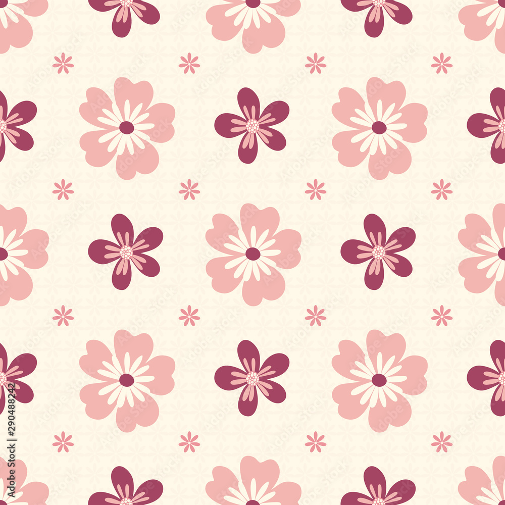 Plakat Seamless pattern of pink flowers on a cream background.