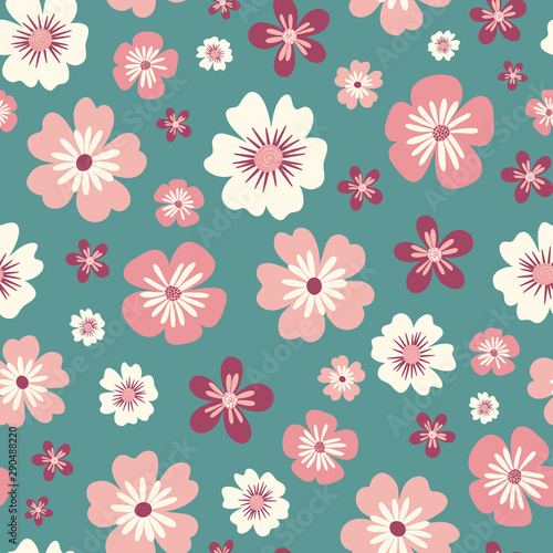 Seamless pattern of pink and white flowers on a green background.