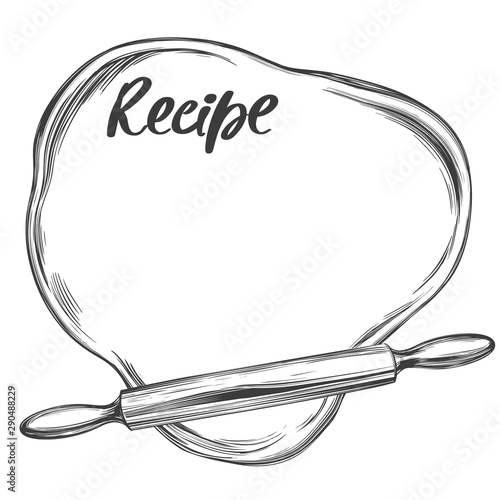 Rolled dough and rolling pin top view, background for text isolated on white background hand drawn vector illustration realistic sketch