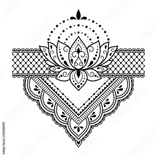 Lotus mehndi flower pattern for Henna drawing and tattoo. Decoration in oriental, Indian style. Doodle ornament. Outline hand draw vector illustration.