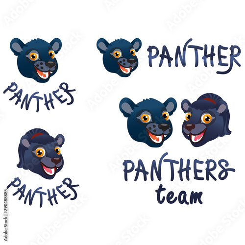 Four types of cartoon logos with panther heads and text