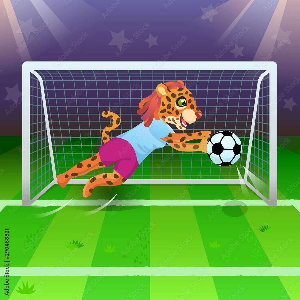 Fototapeta premium The jaguar girl as a goalkeeper catching the soccer ball near gates on the field