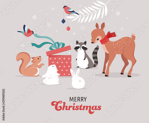 Cute forest animals  winter and Christmas scene with deer  bunny  raccoon  bear and squirrel. Perfect for banner  greeting card  apparel and label design. Vector illustration