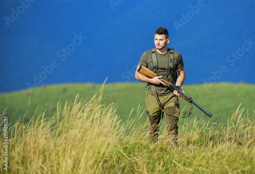 State border guard service. Protecting borders of motherland. Stop illegal immigrants. Man with weapon military clothes in field nature background. Guard the borders. Soldier with rifle. Army forces