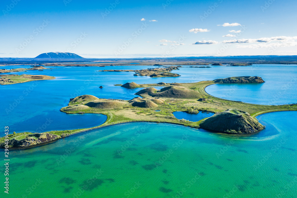 Naklejka premium volcanic craters in Iceland aerial view from above, Myvatn lake