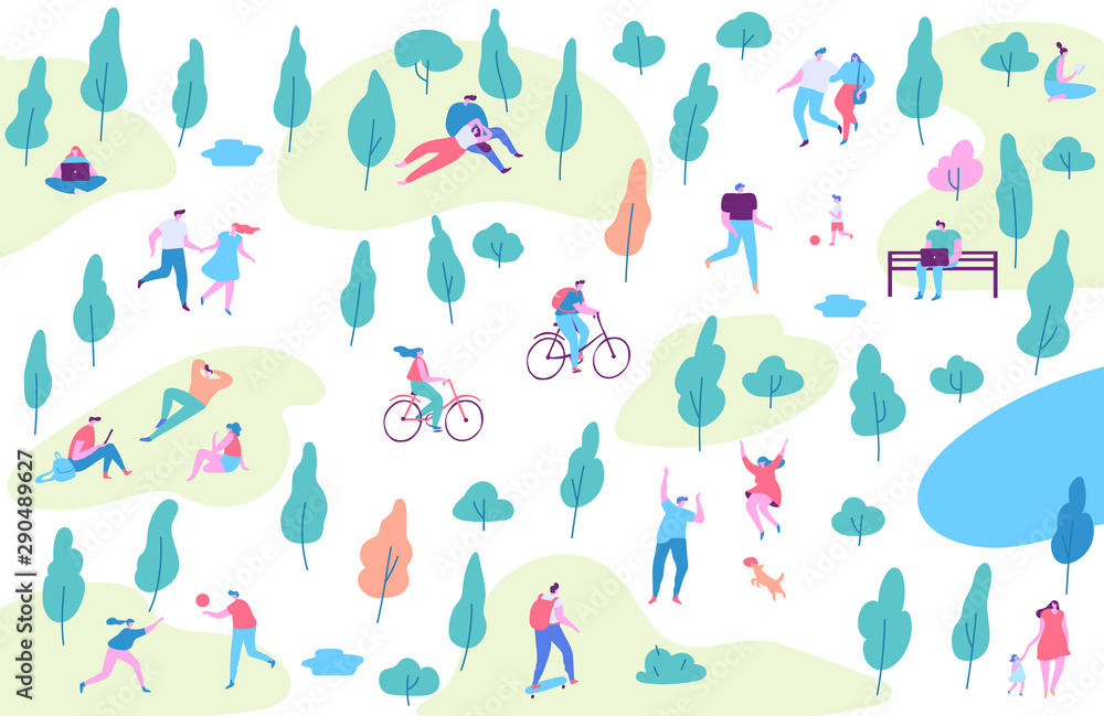 Various people at spring or summer park. Vector background. Leisure outdoor activities - riding bicycles, walking dog, reading, picnic. Cartoon style flat vector illustration.