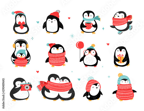 Cute hand drawn penguins collection, Merry Christmas greetings. Vector illustration