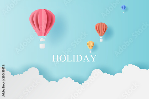 Landscape of balloons colorful fly with Cloud on blue sky.Holiday and festival season concept.Creative design paper cut and craft style scene for your text.Minimal pastel color.vector illustration.