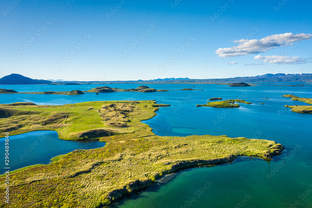 volcanic craters in Iceland aerial view from above, Myvatn lake volcanic craters in Iceland aerial view from above, Myvatn lake