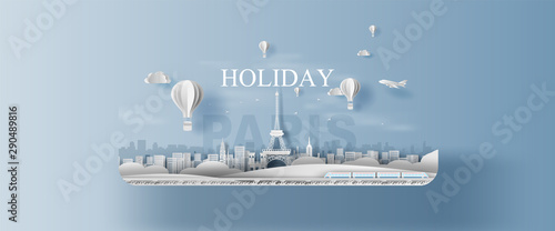 Paper craft and cut style of Panorama Traveling holiday landmarks landscape Eiffel tower Paris city France.Creative origami travel festival season plan trip concept.Vacation party illustration.vector. photo