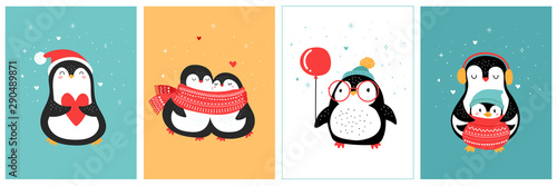 Cute hand drawn penguins collection, Merry Christmas greetings. Vector illustration photo