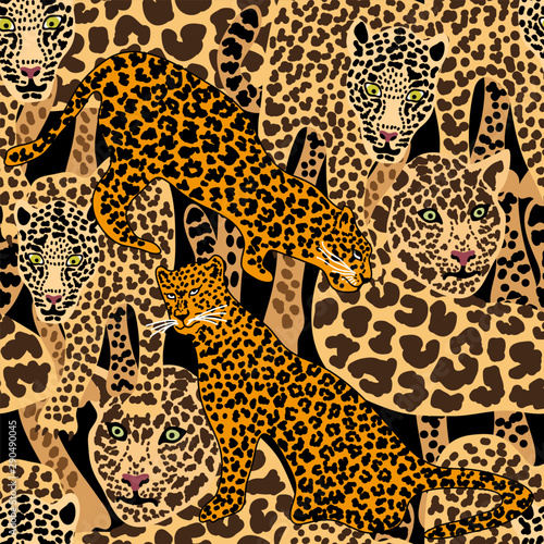 Fototapeta Seamless vector animal print with jaguar spots.