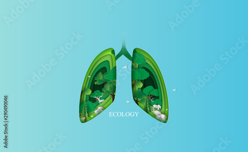 Lung ecology concept idea. Environment health medical human background.Creative design paper cut and craft style with forest and animal.Eco forest oxygen template.minimal pastel.vector illustration
