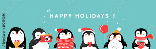 Cute hand drawn penguins collection, Merry Christmas greetings. Vector illustration