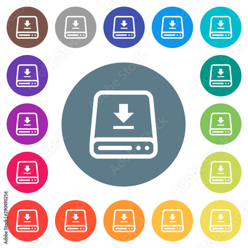 Download to hard drive flat white icons on round color backgrounds