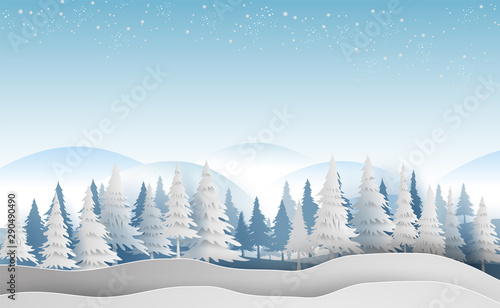 Scenery Merry Christmas and New Year on holidays landscape with forest winter snowflakes season landscape.Creative design paper art and cut style for card and Xmas postcard Vector Illustration.EPS10