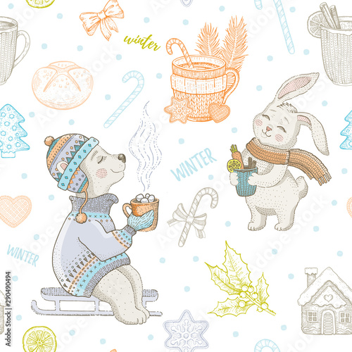 Christmas cute animals seamless pattern. Doodle bear, rabbit with winter drink cup. Hand drawn sketch background. Xmas isolated vector illustration. Wrapping paper, child packaging, kid fabric print