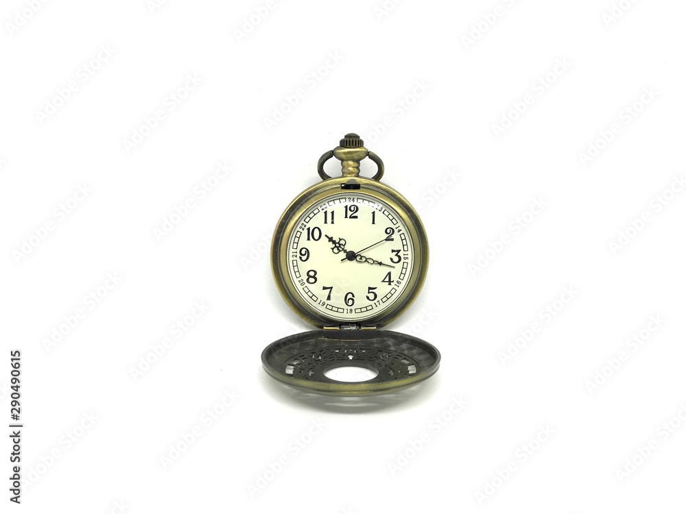 Pocket Watch gold vintage with white background.