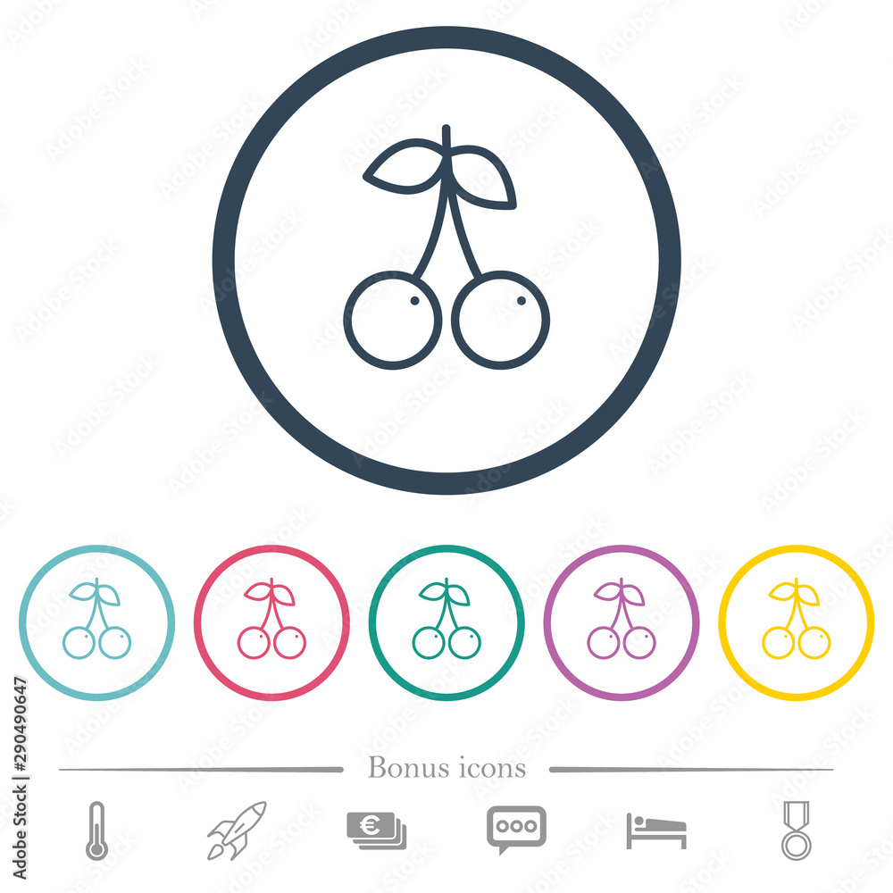 Pair of cherry flat color icons in round outlines Pair of cherry flat color icons in round outlines