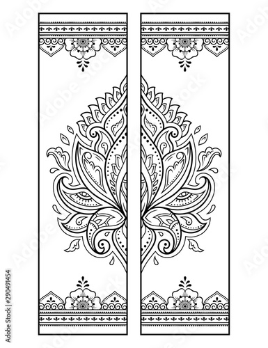 Printable bookmark  - coloring. Set of black and white labels with lotus flower patterns, hand draw in mehndi style. Sketch of ornaments for creativity of children and adults with colored pencils.
