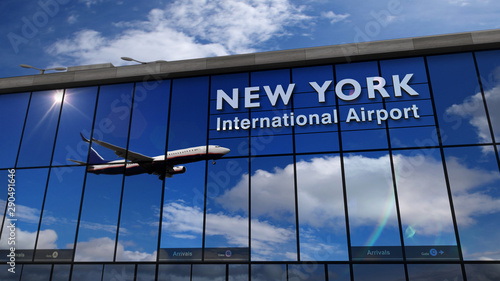 Cuadro en lienzo Airplane landing at New York, JFK, Kennedy mirrored in terminal