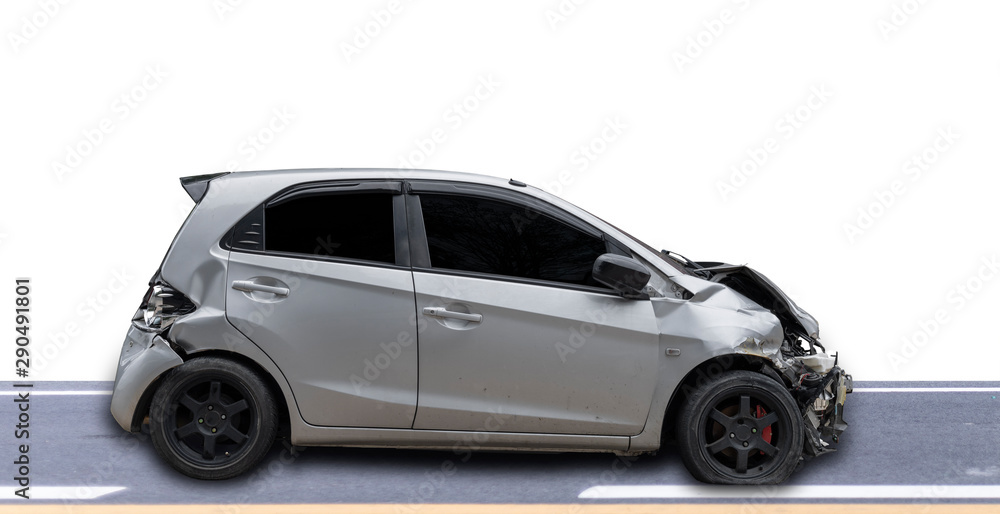 Gray color car damaged and broken by accident . Isolate on white background. Save with cliping path. Car crash. Gray color car damaged and broken by accident . Isolate on white background. Save with cliping path. Car crash.