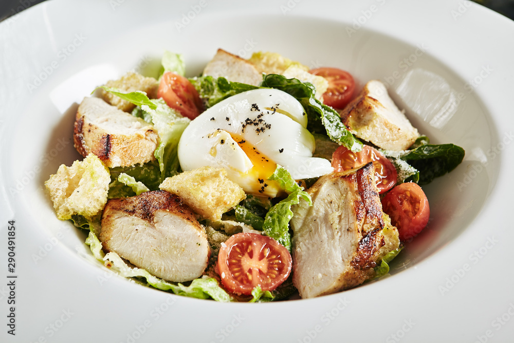 Exquisite Serving White Restaurant Plate of Homemade Chicken and Anchovies Caesar or Cesar Salad Exquisite Serving White Restaurant Plate of Homemade Chicken and Anchovies Caesar or Cesar Salad
