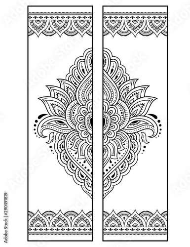Printable bookmark  - coloring. Set of black and white labels with lotus flower patterns, hand draw in mehndi style. Sketch of ornaments for creativity of children and adults with colored pencils.