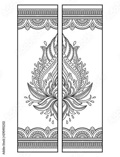 Printable bookmark  - coloring. Set of black and white labels with lotus flower patterns, hand draw in mehndi style. Sketch of ornaments for creativity of children and adults with colored pencils.