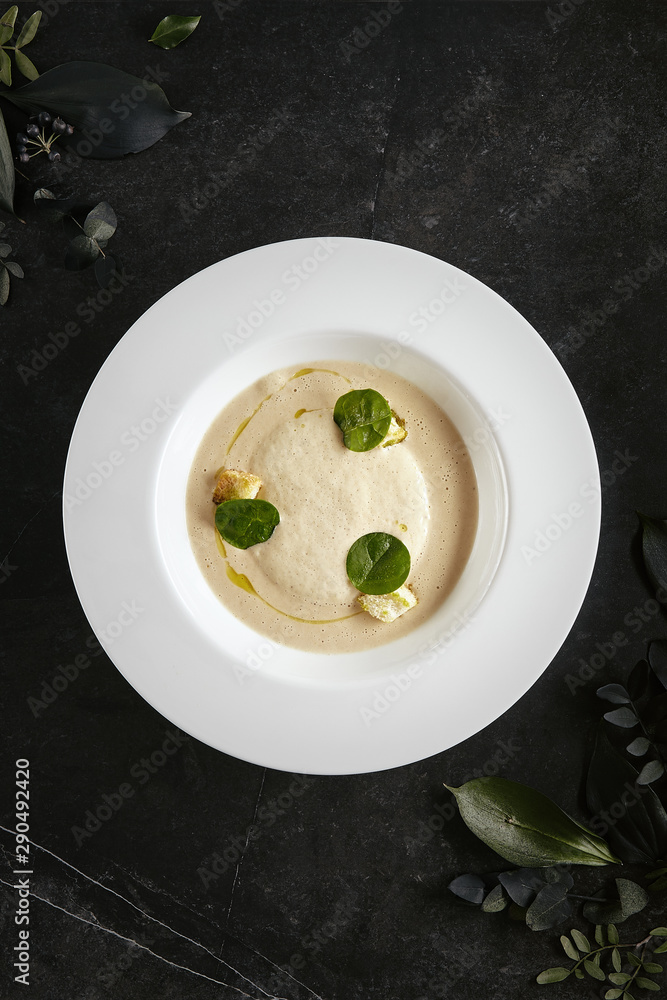 Exquisite Serving White Restaurant Plate of Cream Cappuccino Soup with Porcini Mushrooms and Truffle Top View