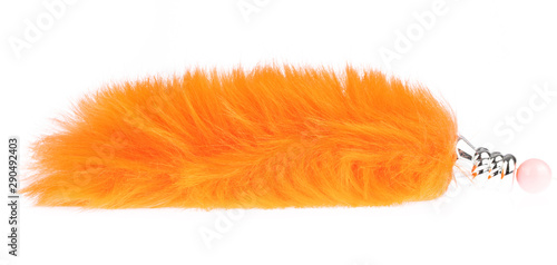 Orange keychains fox tail fur isolated on white background photo