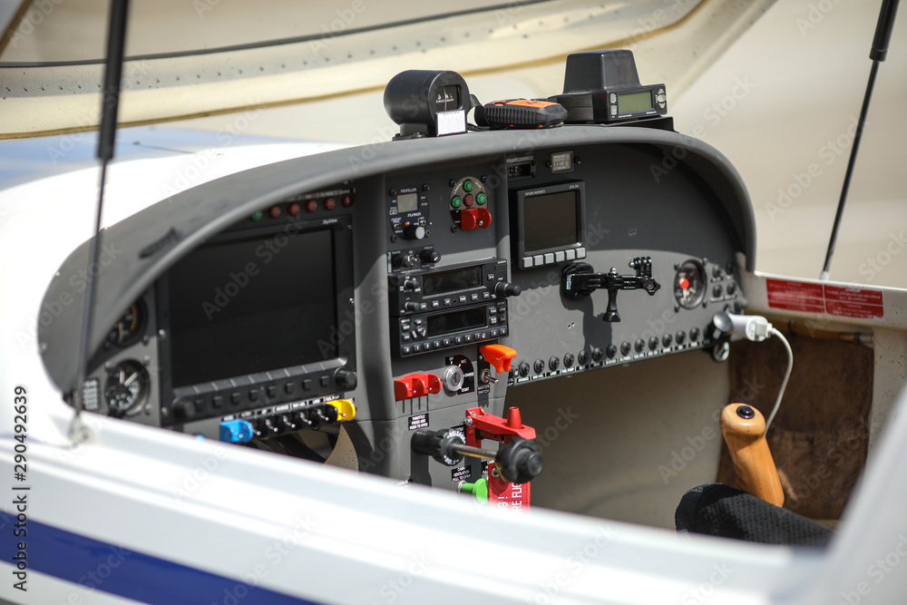 Details with the cockpit and electronic equipments of a light aircraft Details with the cockpit and electronic equipments of a light aircraft