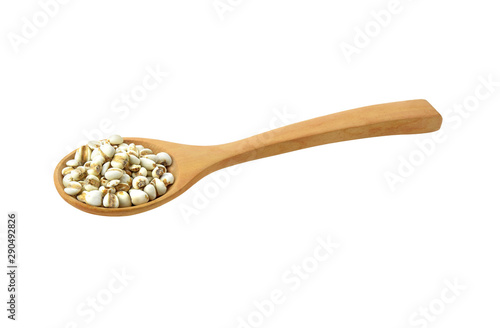 Millet in wooden cuMillet in wooden spoon isolated on white backgroundp isolated on white background