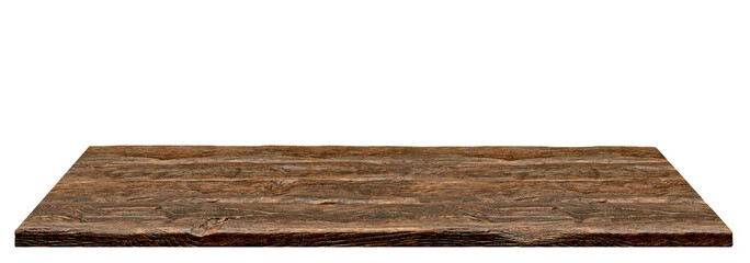 Perspective view of wood or wooden table top isolated on white background with shallow depth of field including clipping path