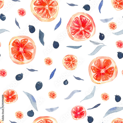 Seamless pattern with grapefruite slices and berries and leaves on a white background