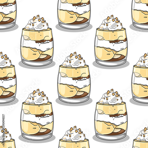 Seamless pattern with hand drawn vanilla puddings on a white background.