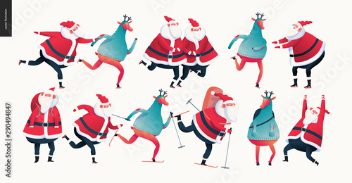 Sporting Santa and deer set - modern flat vector concept illustration of cheerful Santa deer wearing a sweater and Santa skiing, skating and standing