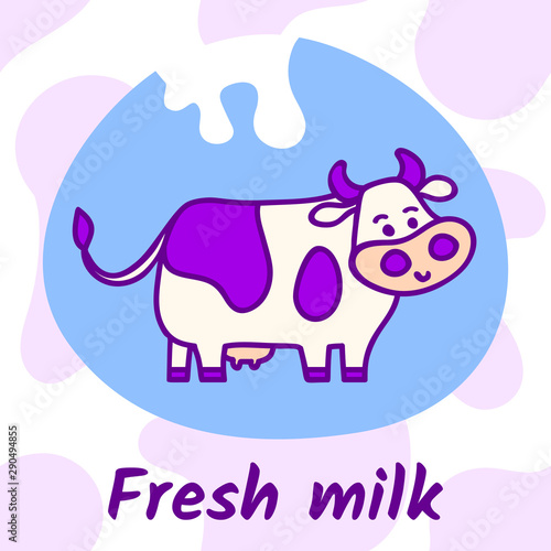 Standing spotted cute cow in blue and violet pastel colors in line cartoon style with "Fresh milk" text and milk drops. Hand drawn, isolated vector illustration, Eps 10.