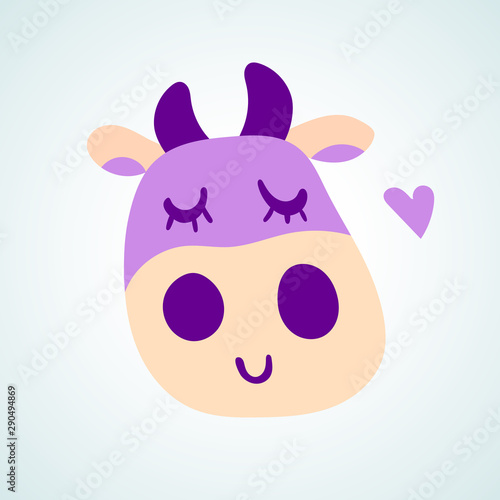 Vector illustration  flat cartoon smiling violet cow face. Hand drawn. Applicable for package  poster  label designs  banners  flyers etc.