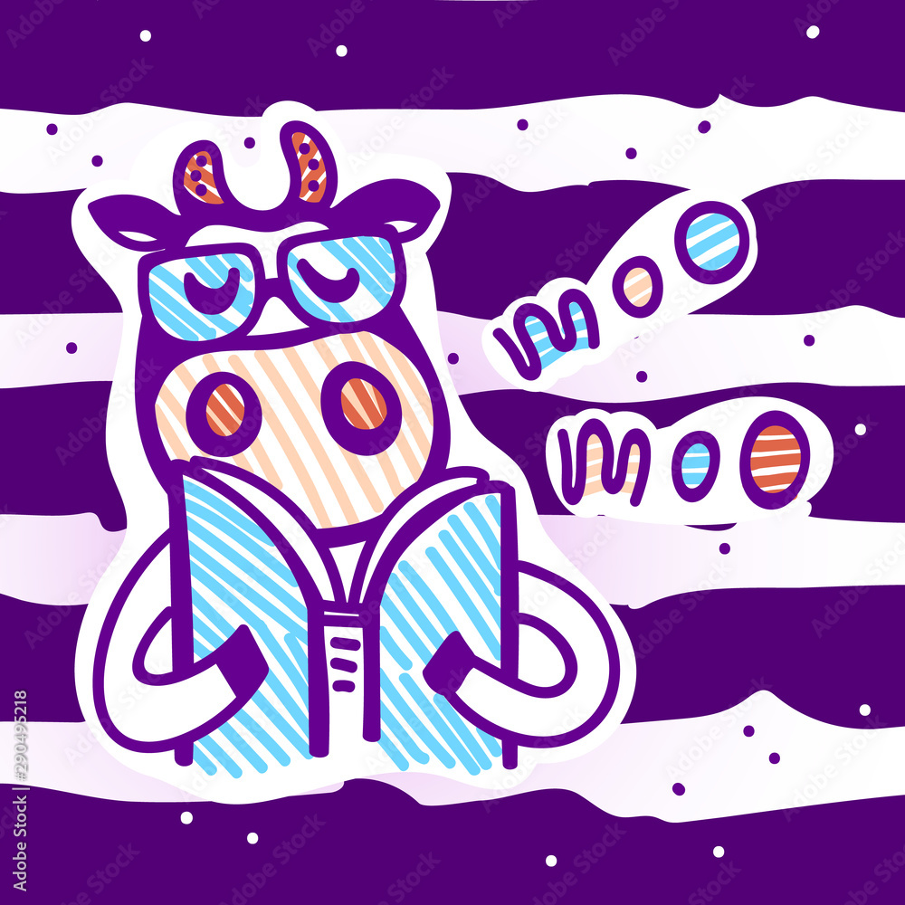 Obraz premium Vector illustration, line cartoon cow wearing glasses and reading book. Hand drawn, isolated.