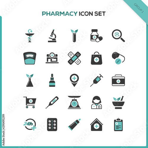 Flat pharmacy and healthcare icon set. First group. Isolated vector illustration