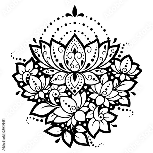 Lotus mehndi flower pattern for Henna drawing and tattoo. Decoration in oriental  Indian style. Doodle ornament. Outline hand draw vector illustration.