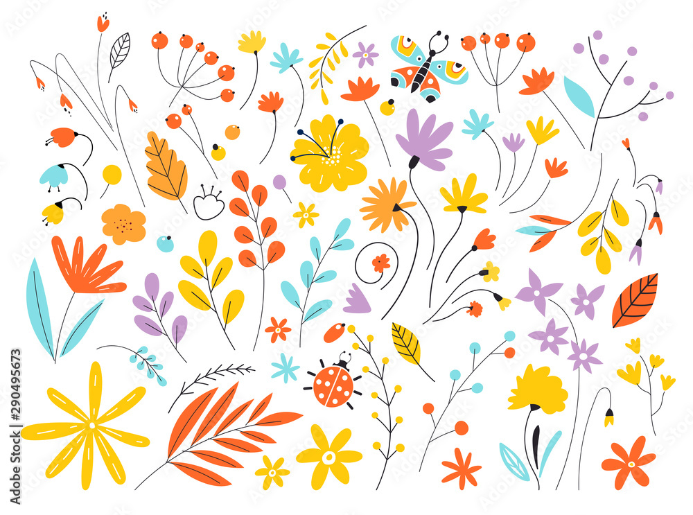 Set of flowers and leaves in a flat style isolated on white background. Hand Drawn vintage floral elements. Floral vector set with flat doodle style abstract.