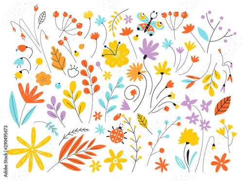 Set of flowers and leaves in a flat style isolated on white background. Hand Drawn vintage floral elements. Floral vector set with flat doodle style abstract.