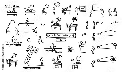 Vector illustration, business scribing doodle set. Man running, learning, sitting, having insomnia, searching, walking in danger, facing deadline, making deals. Line style.