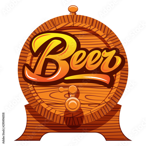 Color vector illustration with oak barrel and calligraphic inscription - beer