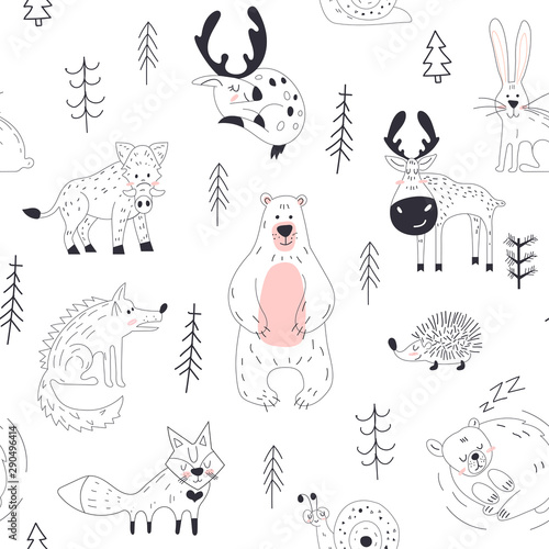 Forest animal seamless pattern Woodland childish print in Scandinavian decorative style. Seamless childish pattern with cute bear, fox, hedgehogs in the wood.
