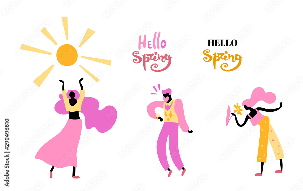 Fototapeta premium Vector illustration, trendy flat cartoon people set: man and women welcoming spring and sales, hand drawn lettering. In warm colors, including pink.