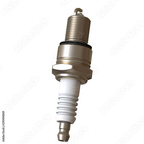 car spark plug used for ignition, Spark plug after use, isolate on white background, made form steel, ceramic, aluminum. 3D rendering of excellent quality in high resolution